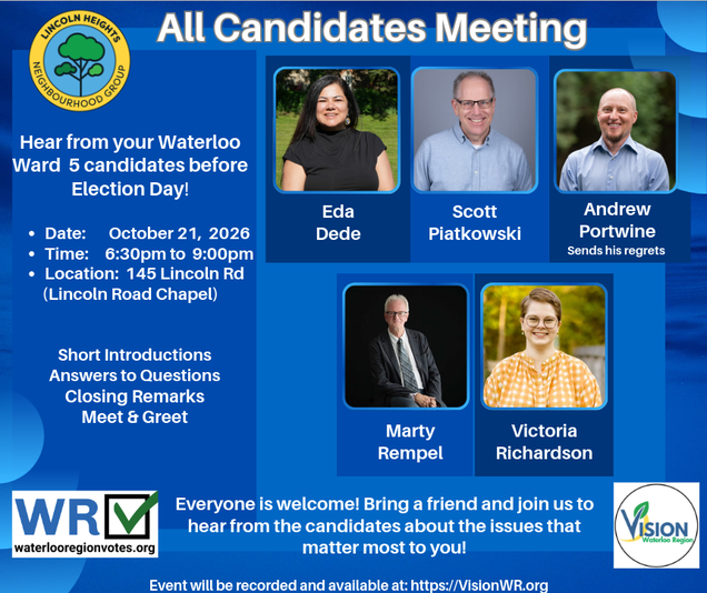 All Candidates Meeting for Waterloo Ward 5 on October 21, 2026, from 6:30 to 9pm at Lincoln Road Chapel